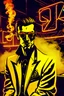 Placeholder: ((A cartoon character of a man)) ((Dresses like a mafia)) (((Sitting in a nightclub)) ((((There is a neon weed logo in the background, outlined on the outside in a golden color with an energy glow )))There is a lot of smoke