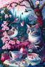 Placeholder: Boho cat in flowers garden having tea with cherry bird in sulight