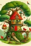 Placeholder: Une petite maison en bois, perchée au sommet d'un grand arbre aux branches robustes, au milieu d'une forêt dense et verdoyante. La maison a des fenêtres rondes, une porte rouge et une cheminée qui fume. Des oiseaux colorés et des écureuils curieux se promènent autour de la maison, tandis qu'un ruisseau scintillant coule à proximité.