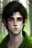 Placeholder: A teenage boy with white skin and green eyes with messy black hair. he is very handsome, and he is a tree elf