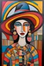 Placeholder: Lady in big hat, rough face, vibrant colors, children catalan folk art, patchs, black lines, non-figurative mode, combined abstract art with Surrealist fantasy in dadaism, surrealism style