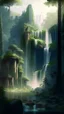 Placeholder: forest landscape with buildings and waterfall