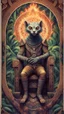 Placeholder: mandala style framed playing card illustration, close up portrait of an ace happy blessed ancient magical scaly enlightened weird weasel alien mad max soldier posing for photo shoot on a throne, holding a burning sceptre, in a space alien mega structure with stairs and bridges woven into a sacred geometry knitted tapestry in the middle of lush magic jungle, bokeh like f/0.8, tilt-shift lens 8k, high detail, smooth render, down-light, unreal engine, prize winning