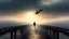 Placeholder: walking straight ahead over a wooden bridge, holding the angel of death with your right hand, entering the fog at the end of the road that leads to the afterlife, and a beautiful sunset and galaxy's behind the fog, realistic