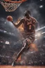 Placeholder: 8k, highly realistic and detailed image of a NBA basketball player in action dunking the ball in the net, sweaty hair, screaming look,action and smoke and flames background