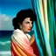 Placeholder: Elizabeth taylor, A white curtain above the sea, turquoise, pink, orange, yellow, wind blowing