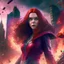 Placeholder: Wanda Maximoff, mulher, jovem, cabelos ruivos, olhos vermelhos, corpo inteiro, fundo cidade destruída, cores brilhantes, de lado destruindo algo com sua magia vermelha, traje da feiticeira escarlate, dramatico, 4k render, imagem cinematográfica. Cores frias, magia em suas mãos, magia vermelha claro