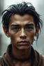 Placeholder: Young handsome tanned alien male. He has large boney ridges on his forehead and on the bridge of his nose. He has black hair growing from his head.