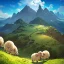 Placeholder: Landscape Ikoria Mountains with a herder and a flock of sheep in the middle of the frame