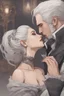 Placeholder: Strahd Von Zarovich being kissed onthe neck by a beautiful woman with white hair, wearing an off the shoulder dress. Settling and background are a lavish toomb with an ebony coffin.