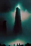Placeholder: A monolith descending from the sky,pointing down at ancient ruins,flock of robed cultists praying,deep shadows, cinematic lighting,in the style of Zvidslav Beksinski, ominous fog in distance dark room