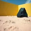 Placeholder: Photograph of outskirts of a city, ominous and odd black ireegular stone rises from the earth, details of the stone very accentuated, brutalist style, yellow wall, liquid, powder, pastel colors, shot on Hasselblad, minimaximalist, detailed, 8k, museum, deep 3d field