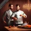 Placeholder: up close portrait of handsome man and another chef in front dark wooden wall, fish in chandelier, shiny fork and knifes on dinner table with cloth, fantasy art book cover