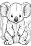 Placeholder: simple outlines art, bold outlines, clean and clear outlines, no tones color, no color, no detailed art, art full view, full body, wide angle, white background, a smiling cute baby koala