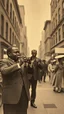 Placeholder: An old picture style of black and white mono very bad quality looks very old camera picture with cracks of the singer Louis Armstrong in New along with Donald trump in York street year 1900