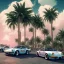 Placeholder: 1980's aesthetic vaporwave palm trees and spheres and Porsche with lightning