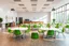 Placeholder: A 3D hyperrealistic 3D image in 4K resolution of a party and birthday room (about 100 sq m) with arranged tables, green chairs, lots of light and a kitchenette.