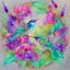 Placeholder: "floral hummingbirds" hand-drawn watercolor, jewel tones,purple blue green red NO PINK flowers everywhere,surrounded by flowers REALISTIc,centered