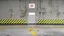 Placeholder: wall design for parking garage, concrete, yellow painted hazard lines, weathering and water stains, in middle is an exit doorway with small window, with a sign is above. rough painted hashmarks and parking lines, add signage found in a parking garage.