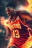 Placeholder: 8k, highly realistic and detailed image of a NBA basketball player in action dunking the ball in the net, sweaty hair, screaming look,action and smoke and flames background