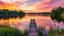 Placeholder: A tranquil lakeside scene at sunset with the sky turning to warm hues of orange, pink, and purple. The calm water reflects the colors of the sky, and a small wooden dock extends into the lake. Surrounding the lake are lush, green trees and soft grasses and flowers swaying gently in the breeze. Award-winning photograph, beautiful composition, exquisite detail and illumination