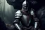Placeholder: A Realistic photo of a Knight in damaged armour without his helmet finding a cave to rest for the night