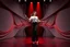 Placeholder: modern stage with gray-dark red theme artistic decoration , color full dynamic lighting, a beautiful lady in pants and blouse with shining silver jewels dancing, 3D recursive fractal structure animating background