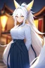 Placeholder: fox girl, masterpiece, best quality, cinematic lighting, detailed outfit, vibrant colors, perfect eyes, golden eyes, long hair, white hair, messy hair, hair between eyes, depth of field, ray tracing, ponytail, hakama, tails,