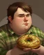 Placeholder: Portrait d'un jeune homme mangeant un grand donut, ultra obèse; cheveux bruns et teint blanc, porte une chemise à carreaux de couleur vert olive. HD portrait, Artstation