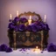 Placeholder: A black and gold decorated chest half opened and filled with purple blue roses in front of it a burning candle in delicate purple all on a light background