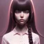 Placeholder: Japanese girl with big brown eyes and long black hair with bangs, cute, beautiful, high quality, insane detail, by Greg Rutkowski, straight bangs, asian, pink shirt