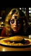 Placeholder: Spooky, ultra realistic distress, dining, ultra realistic hot woman, nose, giant eye on a table, organic hot bondes, dynamic, anguish, excited and lively scene, hypermaximalist figures, Creepy the Ring Alfred Hitchcock, Sam Raimi, insanely detailed, sinister, John Carpenter, Dario Argento, ornate