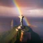 Placeholder: Christ the Redeemer, sunset, rainbow sunset, waterfall, palms, spring, sunset rainbow, flying birds, unreal engine 5, cinematic lighting, realistic, hyper detailed, 8k, octane render, cinema 4d