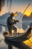 Placeholder: Old fisherman netting the fish on boat at guilin China at morning sunrise