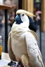 Placeholder: One single mature rich cockatoo with expensive clothes, sitting in a café on the street, Vienna, laughing, colour, model style, hyper realistic, extremely accurate, delicate, extremely detailed, Graphic novel style, wide-angle, open aperture, superfine pencil