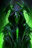 Placeholder: Cyberpunk Angel of death in black outfit with green neon accents, he has terryfing mask on face, and has horns on head, he's hooded, he has long black hair