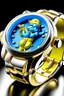 Placeholder: "Create an image of a Smurf Watch that's a collector's dream, with a metallic gold case and an intricately engraved band, showcasing Smurfette in her most elegant attire."