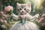 Placeholder: an anthropomorphic, kitten bride happily throwing a bouquet in a beautiful garden. The kitten has fluffy fur in shades of light brown and grey with distinct tabby markings on its face. Its large, expressive eyes are a deep emerald green and it has a small, pink nose. The kitten is wearing embroidered white lace bride dress, tulle, gemstones, pearls, adorning the hem and bodice. Behind her, a celebrating crowd, cats and people dressed in elegant clothes, wedding food and cake on the tables. Behin