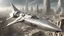 Placeholder: a photorealistic sleek silver spaceship flying over a ruined city