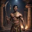 Placeholder: Hyper Realistic shirtless muscular handsome short black hair Indian King smiling & holding bow & arrow in dark catacombs with traditional pillars at night