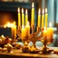 Placeholder: realistic close-up photo of a Jewish menorah with burning candles on a table next to Hanukkah decorations, against the backdrop of a cozy festive interior