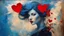 Placeholder: old painting, torn edges, blue, WOMAN, love, red heart, light, flower, double exposure, abstract surreal portrait, oil painting in impressionism, large strokes, airbrush effect, textured painting, antique style, vintage, semi-abstract, semi-realistic, surreal .