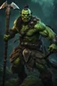 Placeholder: portrait of a green skinned orc warrior. braided hair. wearing ornaments. Carrying a battleaxe. High resolution. 4K. 8K. Fantasy style.