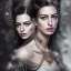 Placeholder: a wonderfull Anne Hathaway, viking fantasy, big curves, voluminous long black hair, ultradetailed fine art photo of a indian, weet face portrait, snow flakes particles, 55 mm