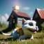 Placeholder: Cartoon pet with a smiley looking at a small house|mdjrny-v4 style| wide angle| intricate detailed| hyperrealistic| cinematic lighting| cinematic colors|hdr | unreal engine