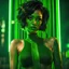Placeholder: Mysterious youthful overconfident alluring arrogant Navajo female cyberpunk spy, short hair, smiling through the pain, green fishnet, green fishnet sleeves, green bodysuit, cyberpunk style, video game character