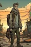 Placeholder: a young man with a light jacket around the waist and messenger bag he carries around with a strap, front view, post apocalyptic scenery, cartoony style