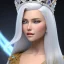 Placeholder: Ice Princess with white hair smilling, a crown with precious stones, bright background