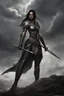 Placeholder: SA female elf with skin the color of storm clouds, deep grey, stands ready for battle. Her long black hair flows behind her like a shadow, while her eyes gleam with a fierce silver light. Despite the grim set of her mouth, there's a undeniable beauty in her fierce countenance. She's been in a fight, evidenced by the ragged state of her leather armor and the red cape that's seen better days, edges frayed and torn. In her hands, she grips two daggers, add dark shadow mystic purple flames