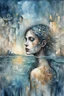 Placeholder: surrealistic painting depicts a woman submerged in water, with only her face visible above the surface. Her hair is dark brown with blonde highlights, and her eyes are a warm brown. Below the waterline, her torso is replaced by a skeletal ribcage entwined with translucent, organic root-like structures and dried leaves, revealing the internal decay beneath the skin. The upper part of the painting features a dilapidated, light-colored building with multiple levels and a dome, seemingly floating on